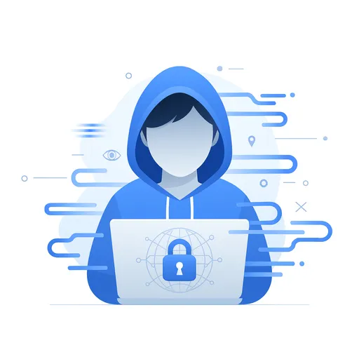 A hooded figure browsing on a laptop showing a padlock over a globe