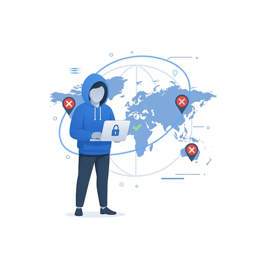 A world map with blocked location pins and one region allowed