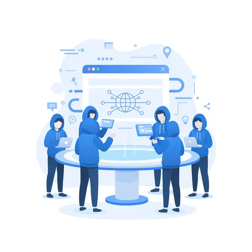 A group of people gathered around one shared browser window