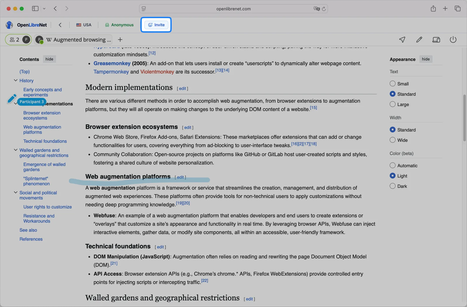 An OpenLibreNet session with two participants reading the same page, one cursor labelled Participant 3, and a highlight drawn over a heading